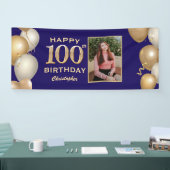 100e verjaardag Navy Blue en Gold Balloons Spandoek (Beurs)