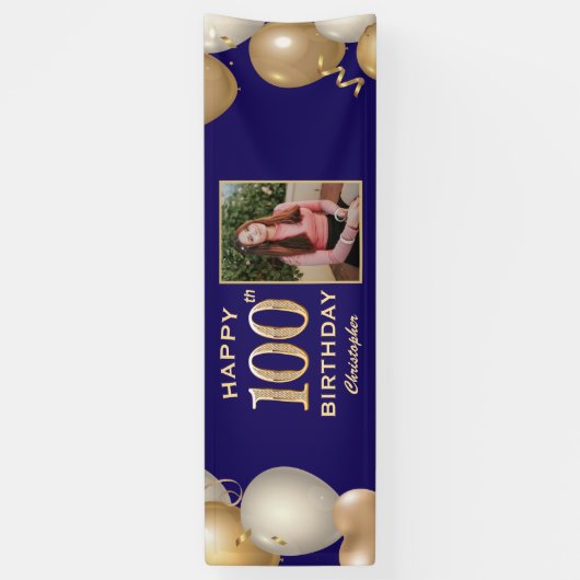 100e verjaardag Navy Blue en Gold Balloons Spandoek (Verticaal)