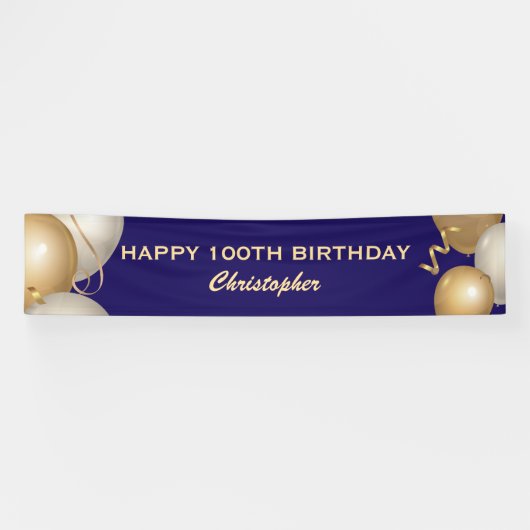 100e verjaardag Navy Blue en Gold Balloons Spandoek (Horizontaal)