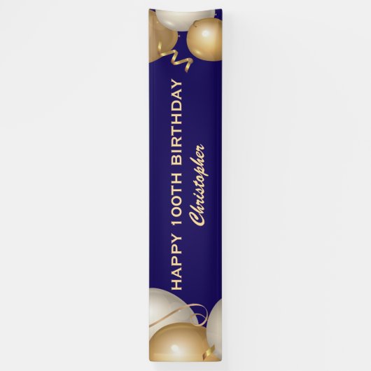 100e verjaardag Navy Blue en Gold Balloons Spandoek (Verticaal)