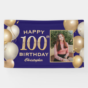 100e verjaardag Navy Blue en Gold Balloons Spandoek