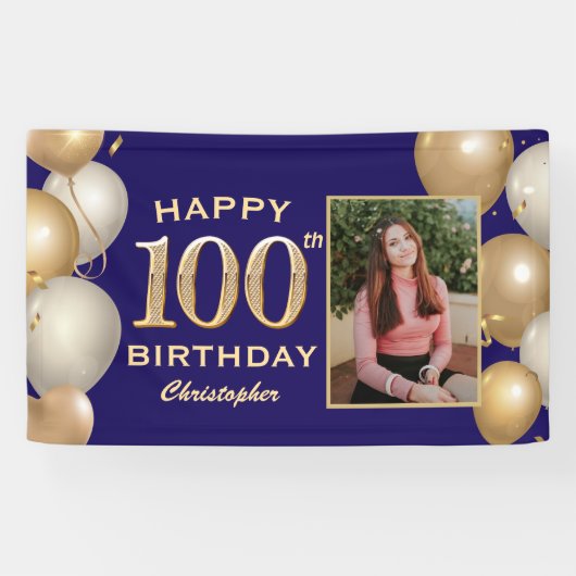 100e verjaardag Navy Blue en Gold Balloons Spandoek (Horizontaal)