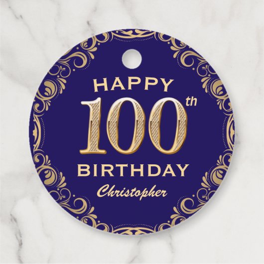 100e verjaardag Navy Blue en Gold Glitter Bedankjes Labels (Achterkant)