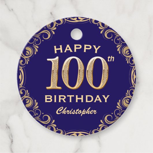 100e verjaardag Navy Blue en Gold Glitter Bedankjes Labels (Voorkant)