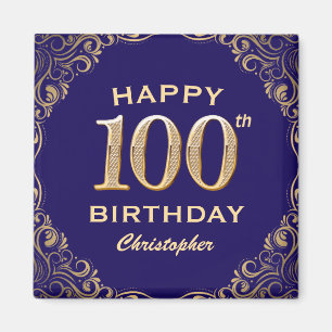 100e verjaardag Navy Blue en Gold Glitter Magneet