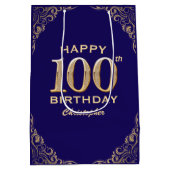 100e verjaardag Navy Blue en Gold Glitter Medium Cadeauzakje (Achterkant)