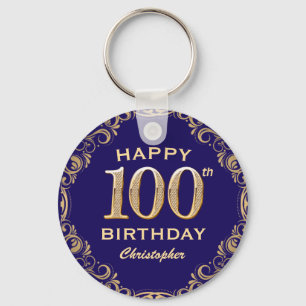 100e verjaardag Navy Blue en Gold Glitter Sleutelhanger