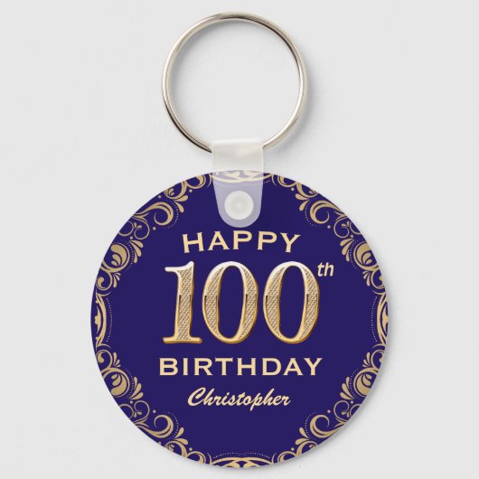 100e verjaardag Navy Blue en Gold Glitter Sleutelhanger (Voorkant)