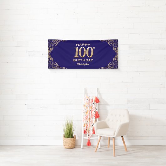 100e verjaardag Navy Blue en Gold Glitter Spandoek (Insitu)