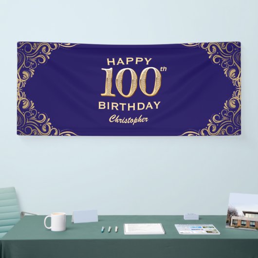 100e verjaardag Navy Blue en Gold Glitter Spandoek (Beurs)