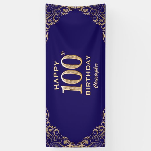 100e verjaardag Navy Blue en Gold Glitter Spandoek (Verticaal)