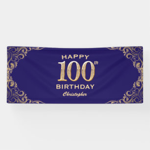 100e verjaardag Navy Blue en Gold Glitter Spandoek