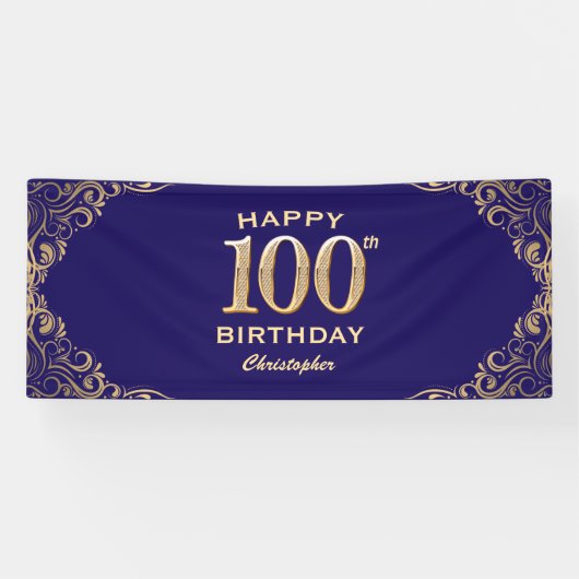 100e verjaardag Navy Blue en Gold Glitter Spandoek (Horizontaal)