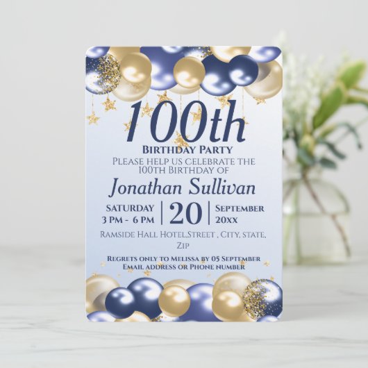 100e verjaardag Navy Gold Balloons Party Kaart (Staand voorkant)