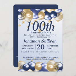 100e verjaardag Navy Gold Balloons Party Kaart