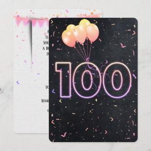 100e verjaardag Neon Sign On Black Invitation Kaart