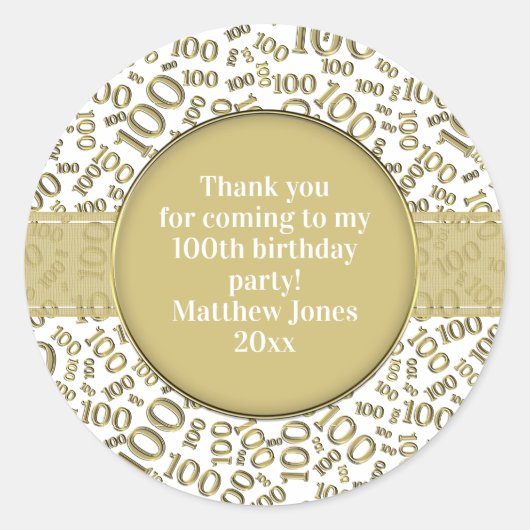 100e verjaardag nummer patroon goud/wit ronde sticker (Voorkant)