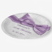 100e verjaardag Paars Damask en Faux Bow Papieren Bordje (Gekanteld)