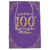 100e verjaardag Paars en goudglitter Lijst Medium Cadeauzakje (Voorkant)