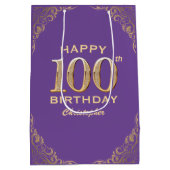 100e verjaardag Paars en goudglitter Lijst Medium Cadeauzakje (Achterkant)