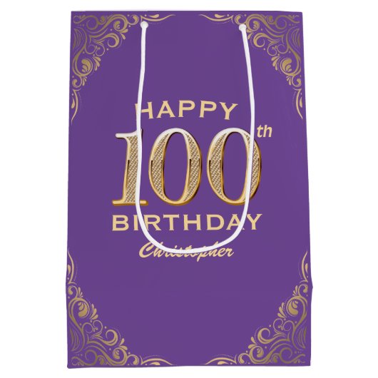 100e verjaardag Paars en goudglitter Lijst Medium Cadeauzakje (Achterkant)