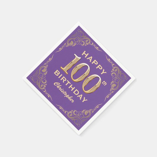 100e verjaardag Paars en goudglitter Lijst Servet (Hoek)