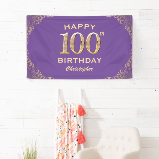 100e verjaardag Paars en goudglitter Lijst Spandoek (Insitu)