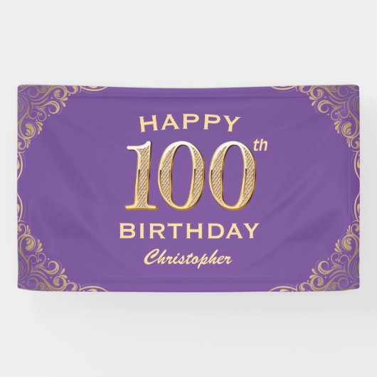 100e verjaardag Paars en goudglitter Lijst Spandoek (Horizontaal)