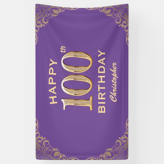 100e verjaardag Paars en goudglitter Lijst Spandoek (Verticaal)