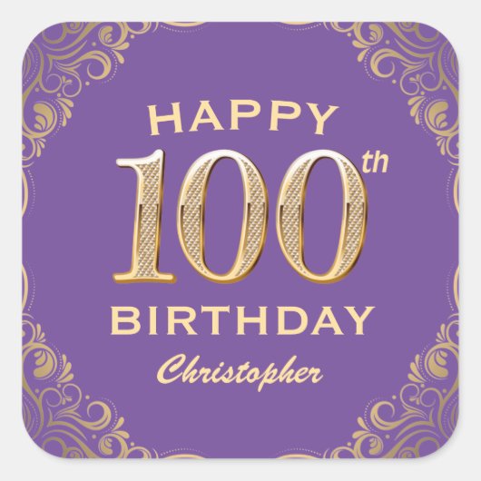 100e verjaardag Paars en goudglitter Lijst Vierkante Sticker (Voorkant)