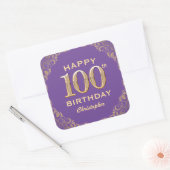 100e verjaardag Paars en goudglitter Lijst Vierkante Sticker (Envelop)