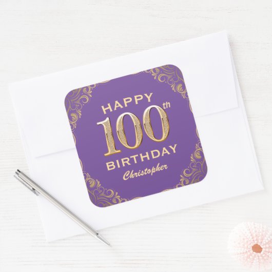 100e verjaardag Paars en goudglitter Lijst Vierkante Sticker (Envelop)