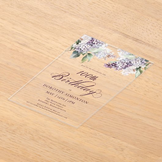 100e verjaardag Paarse lente Lila bloem Acryl Uitnodigingen (Laagn)