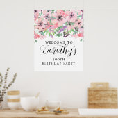 100e verjaardag Paarse roze bloem Welkomstteken Poster (Keuken)