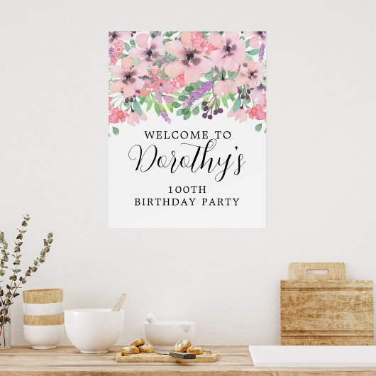 100e verjaardag Paarse roze bloem Welkomstteken Poster (Keuken)