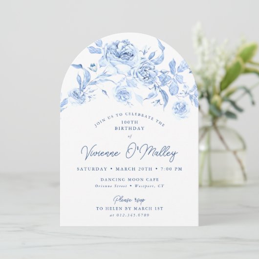 100e Verjaardag Party Blauwe Bloemboog Vorm Kaart (Staand voorkant)