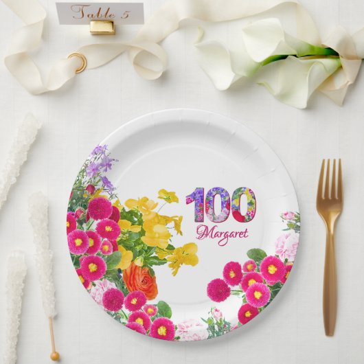 100e Verjaardag Party Bloemen Modern 100 Papieren Bordje (Huwelijk)
