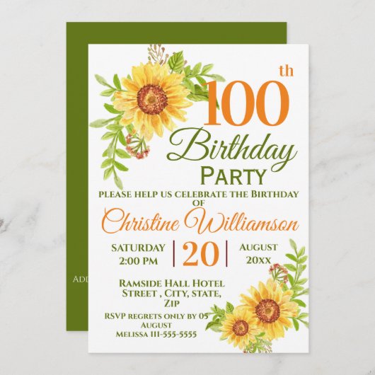 100e Verjaardag Party Bloemen Zonnebloem Kaart (Voorkant / Achterkant)