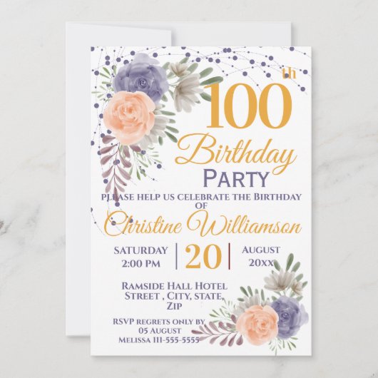 100e Verjaardag Party Floral Peony Paarse Kaart (Voorkant)