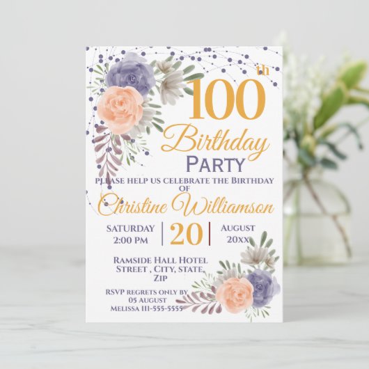 100e Verjaardag Party Floral Peony Paarse Kaart (Staand voorkant)