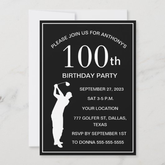 100e verjaardag Party Golfer Black Par Adult Golf Kaart (Voorkant)