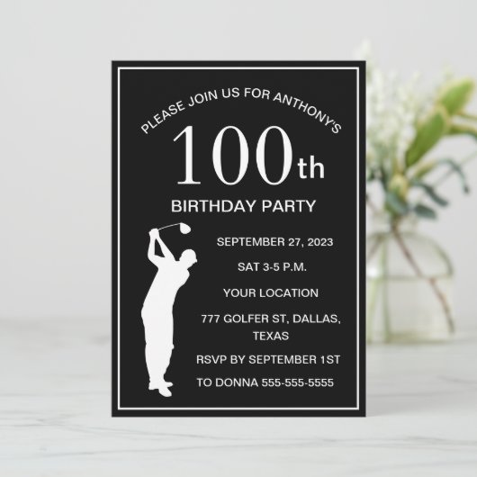 100e verjaardag Party Golfer Black Par Adult Golf Kaart (Staand voorkant)