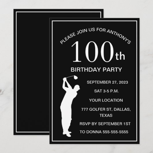100e verjaardag Party Golfer Black Par Adult Golf Kaart (Voorkant / Achterkant)