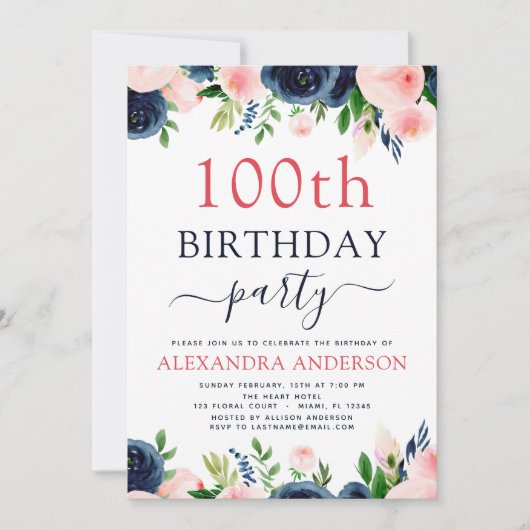 100e Verjaardag Party Navy Blauw Blauw Blauw Roze Kaart (Voorkant)