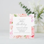 100e Verjaardag Party Pink Peony Floral Square Kaart (Staand voorkant)