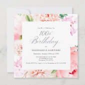 100e Verjaardag Party Pink Peony Floral Square Kaart (Voorkant)