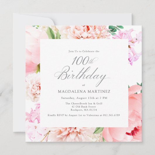 100e Verjaardag Party Pink Peony Floral Square Kaart (Voorkant)