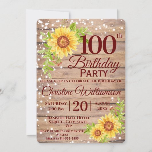 100e Verjaardag Party Rustieke Bloemen Zonnebloem Kaart (Voorkant)