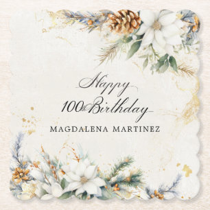 100e Verjaardag Party Witte Winter Bloemen Custom Kartonnen Onderzetters