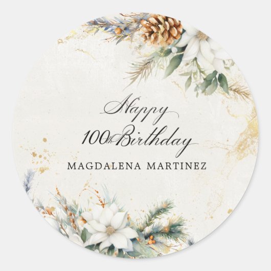 100e Verjaardag Party Witte Winter Bloemen Custom Ronde Sticker (Voorkant)